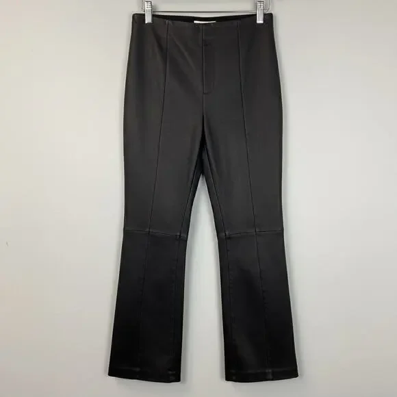 Nordstrom Black Genuine Leather High-Waisted Slim Flare Trouser Pants Size 6 - Picture 2 of 8